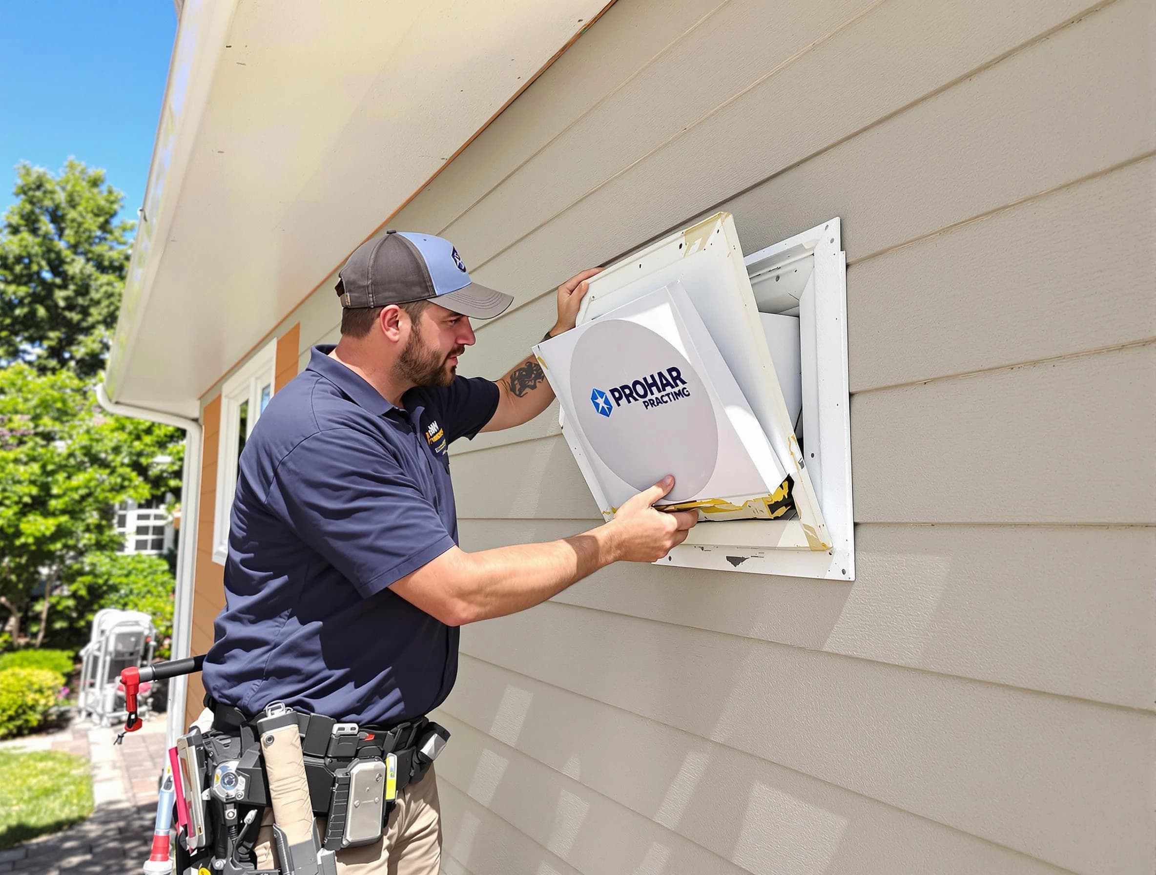 Haverhill Dryer Vent Cleaning technician installing a new protective dryer vent cover on a home in Haverhill