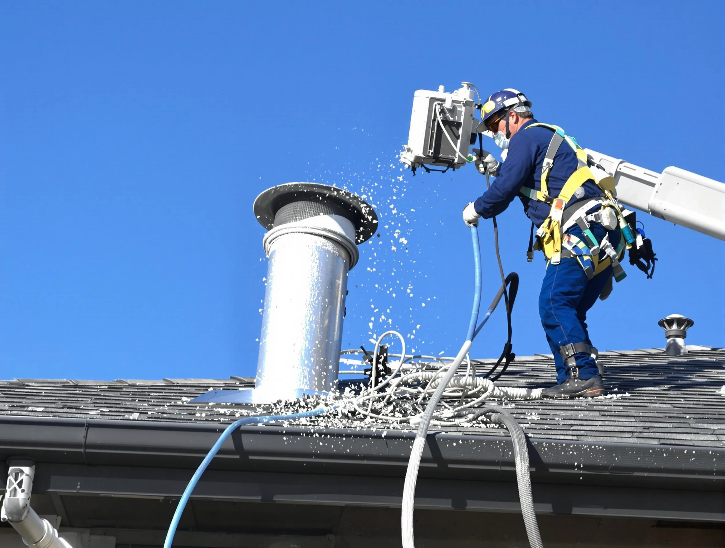 Haverhill Dryer Vent Cleaning certified technician safely cleaning a roof-mounted dryer vent in Haverhill